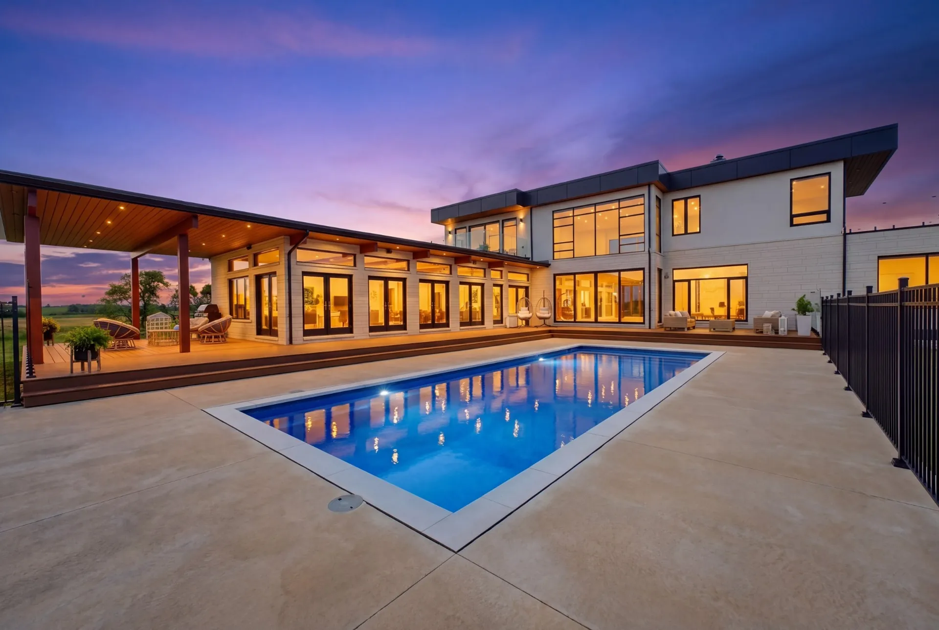 Rear terrace and swimming pool of a contemporary residence lit up at dusk